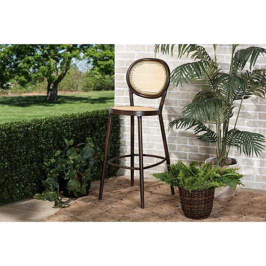 Baxton Studio Thalia Mid-Century Modern Dark Brown Finished Metal and Synthetic Rattan Outdoor Bar Stool
