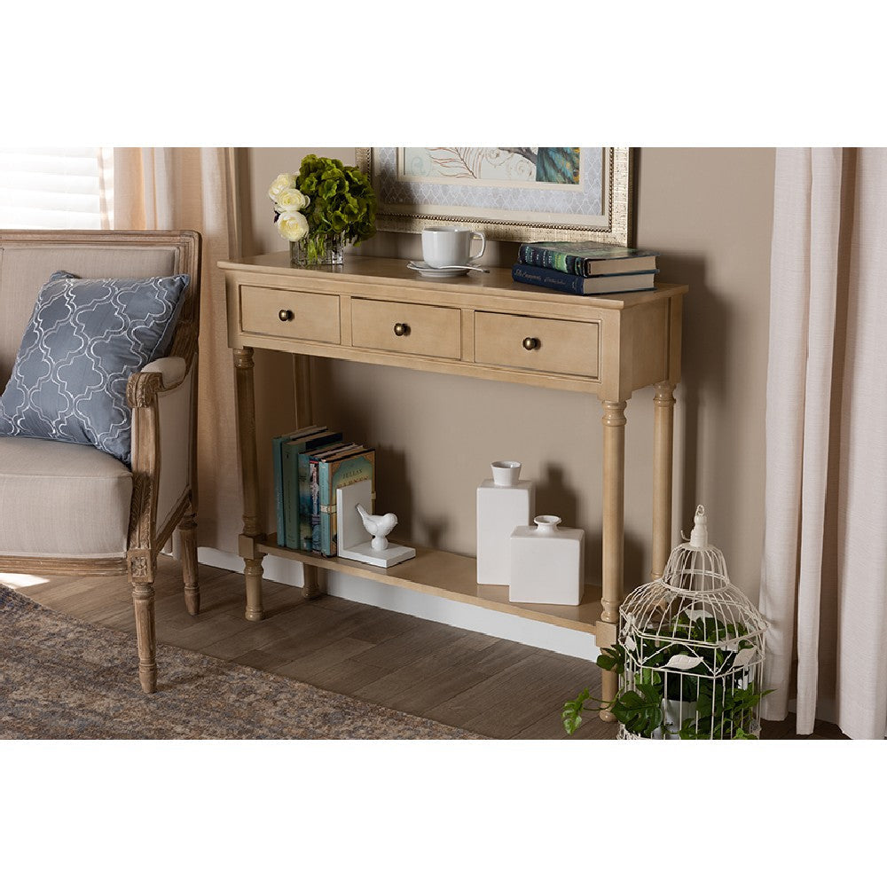 Baxton Studio Calvin Classic and Traditional French Farmhouse Oak Brown Finished Wood 3-Drawer Entryway Console Table