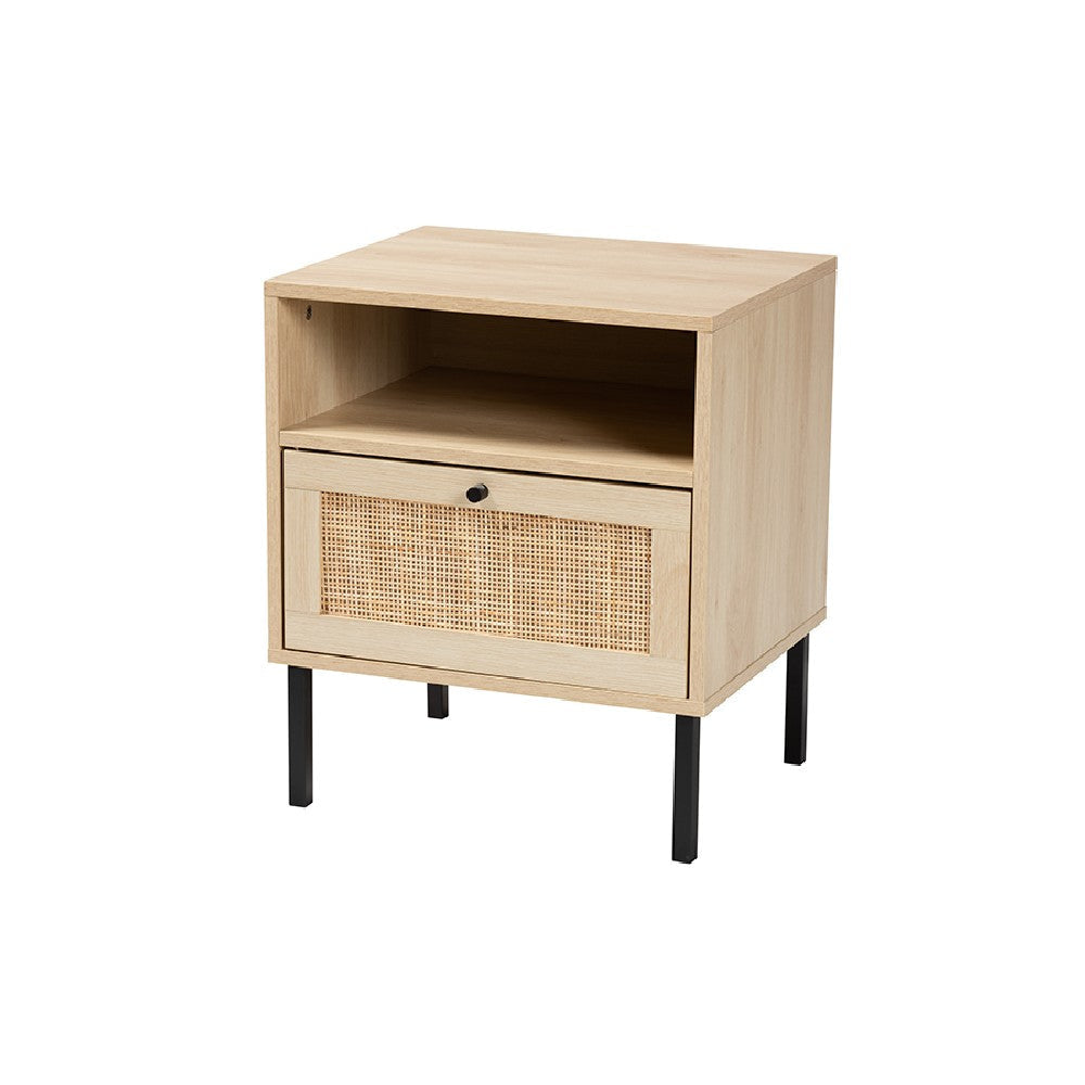Baxton Studio Caterina Mid-Century Modern Transitional Natural Brown Finished Wood and Natural Rattan 1-Door End Table