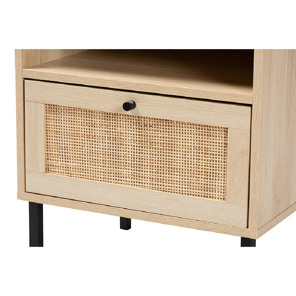 Baxton Studio Caterina Mid-Century Modern Transitional Natural Brown Finished Wood and Natural Rattan 1-Door End Table