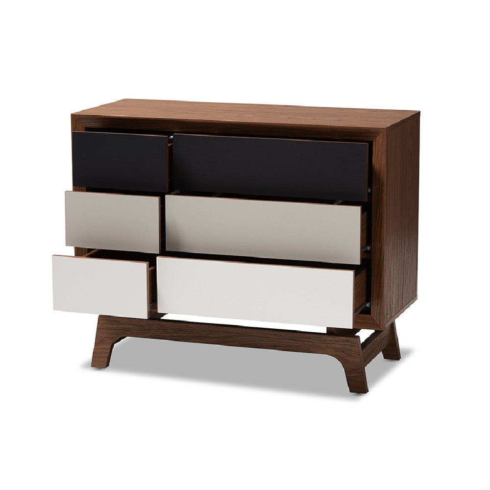 Baxton Studio Svante Mid-Century Modern Multicolor Finished Wood 6-Drawer Chest WHI-WI1704-Walnut-White-Grey-6DW-Chest