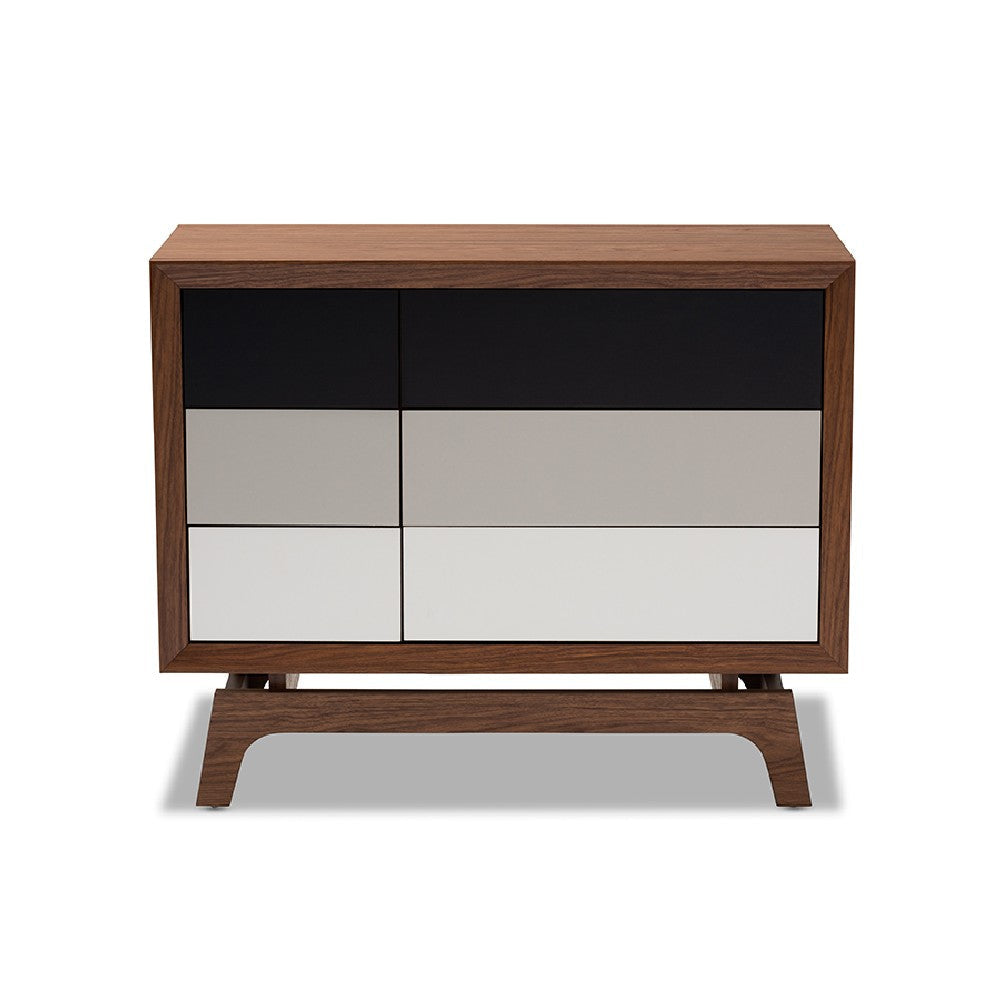 Baxton Studio Svante Mid-Century Modern Multicolor Finished Wood 6-Drawer Chest WHI-WI1704-Walnut-White-Grey-6DW-Chest