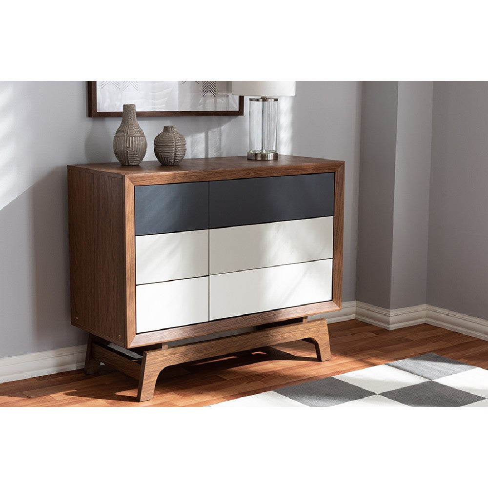 Baxton Studio Svante Mid-Century Modern Multicolor Finished Wood 6-Drawer Chest WHI-WI1704-Walnut-White-Grey-6DW-Chest