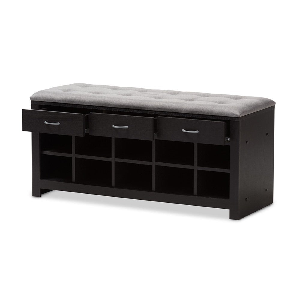 Baxton Studio Modern and Contemporary Espresso Finished Grey Fabric Upholstered Cushioned Entryway Bench WHI-WI5374-Gray