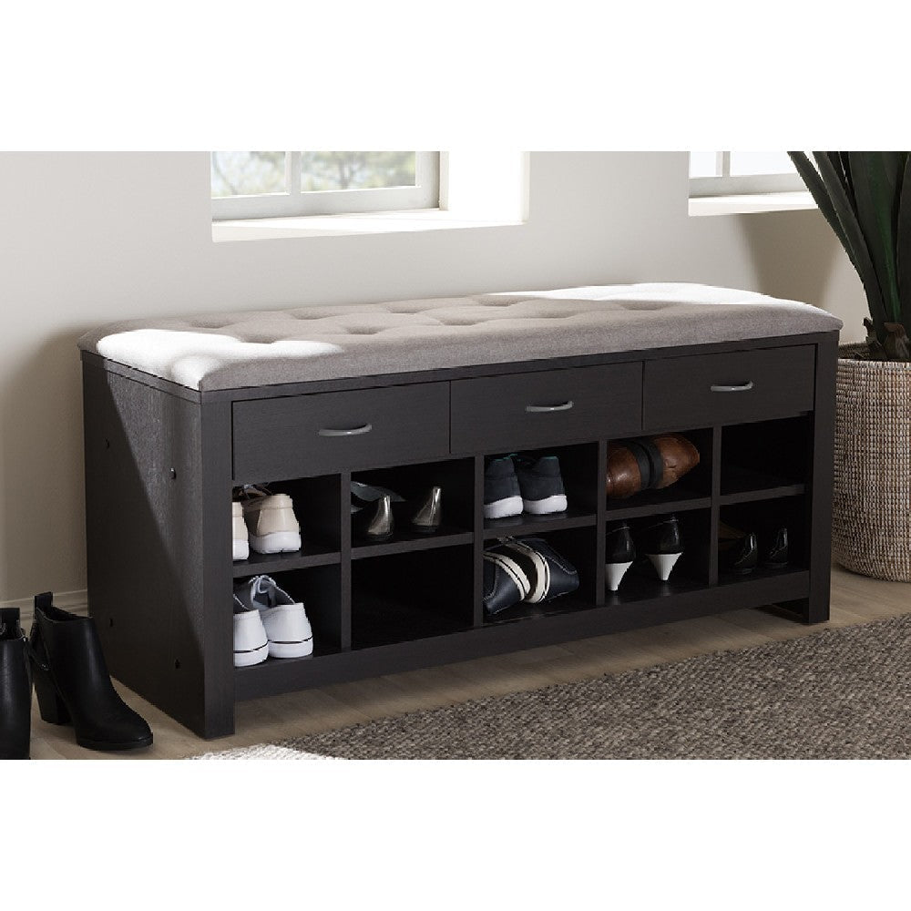 Baxton Studio Modern and Contemporary Espresso Finished Grey Fabric Upholstered Cushioned Entryway Bench WHI-WI5374-Gray