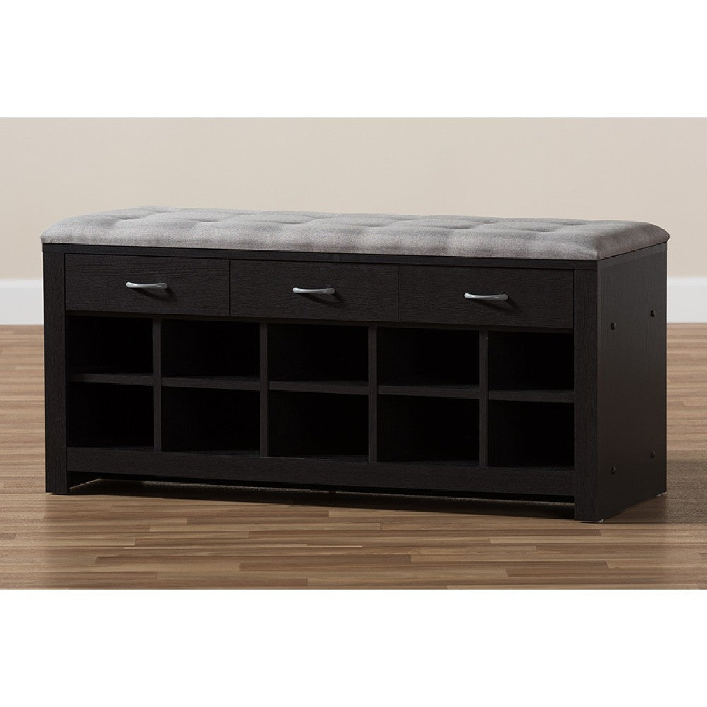 Baxton Studio Modern and Contemporary Espresso Finished Grey Fabric Upholstered Cushioned Entryway Bench