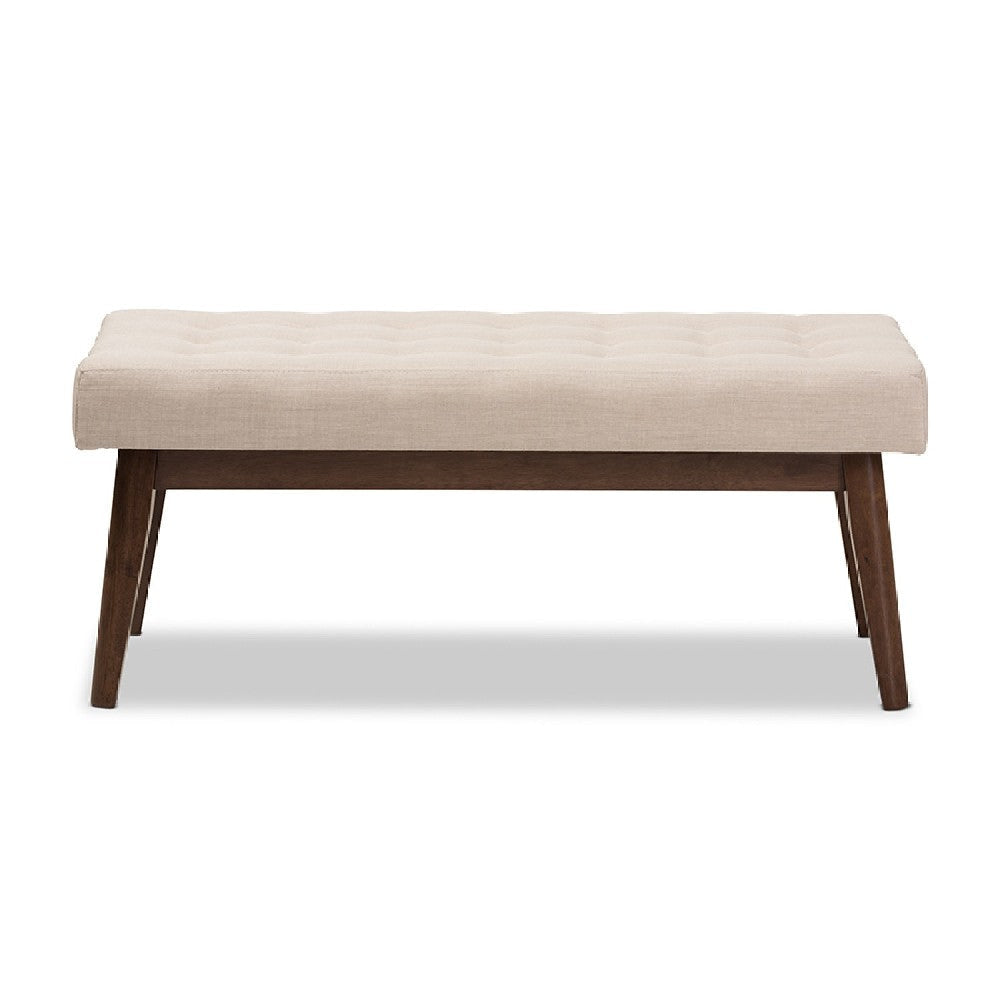 Baxton Studio Elia Mid-Century Modern Walnut Wood Light Beige Fabric Button-Tufted Bench WHI-WM1622-BE-Beige-Walnut
