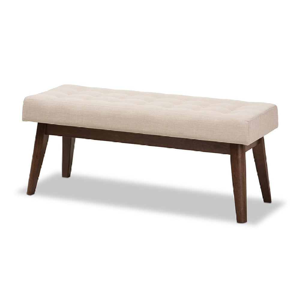 Baxton Studio Elia Mid-Century Modern Walnut Wood Light Beige Fabric Button-Tufted Bench WHI-WM1622-BE-Beige-Walnut