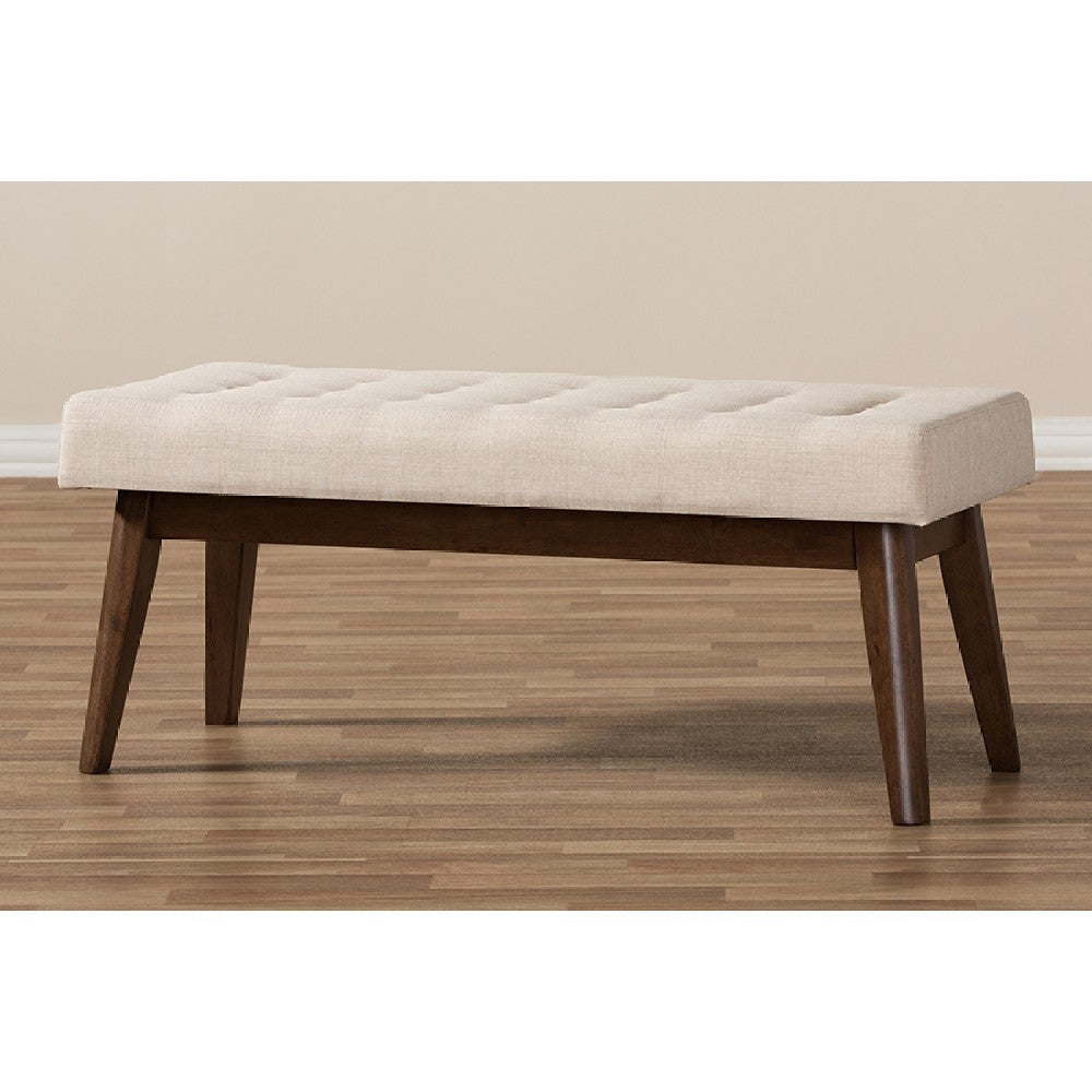 Baxton Studio Elia Mid-Century Modern Walnut Wood Light Beige Fabric Button-Tufted Bench WHI-WM1622-BE-Beige-Walnut