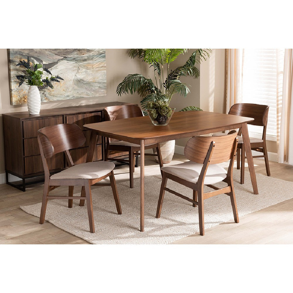 Baxton Studio Alston Mid-Century Modern Beige Fabric Upholstered and Walnut Brown Finished Wood 5-Piece Dining Set