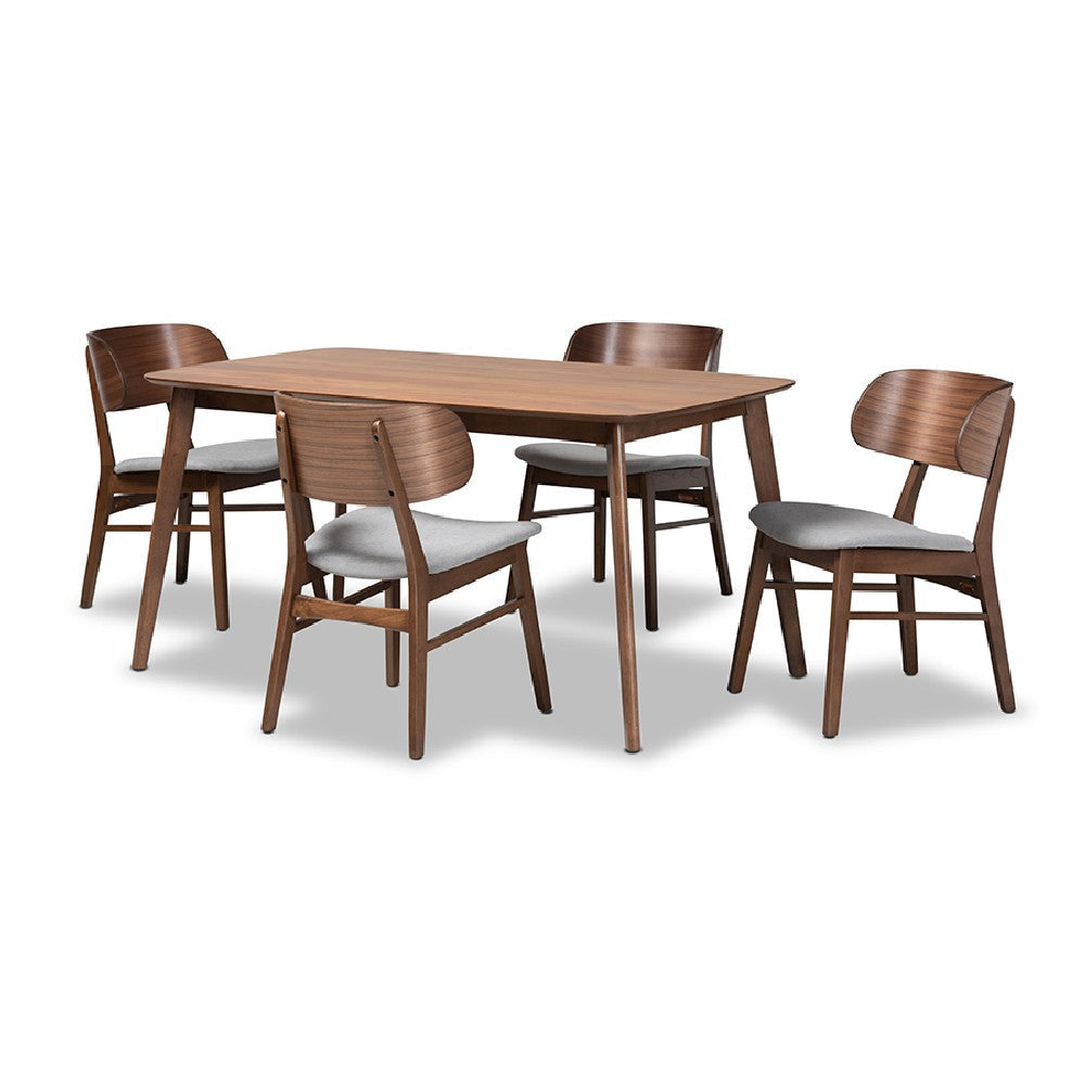 Baxton Studio Alston Mid-Century Modern Grey Fabric Upholstered and Walnut Brown Finished Wood 5-Piece Dining Set