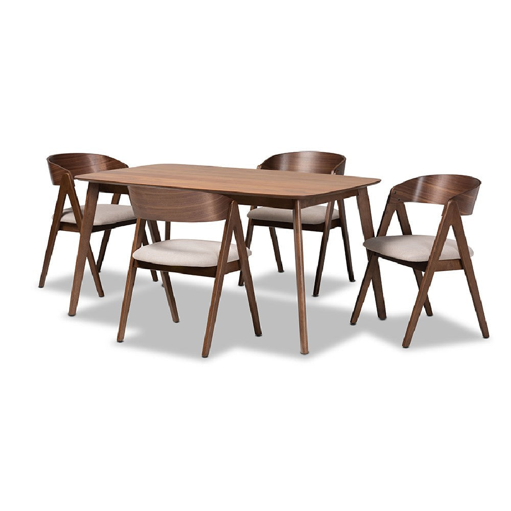 Baxton Studio Danton Mid-Century Modern Beige Fabric Upholstered and Walnut Brown Finished Wood 5-Piece Dining Set