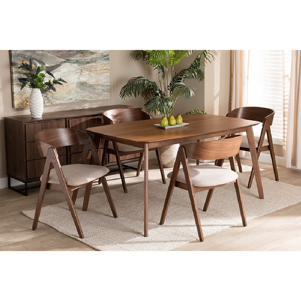 Baxton Studio Danton Mid-Century Modern Beige Fabric Upholstered and Walnut Brown Finished Wood 5-Piece Dining Set