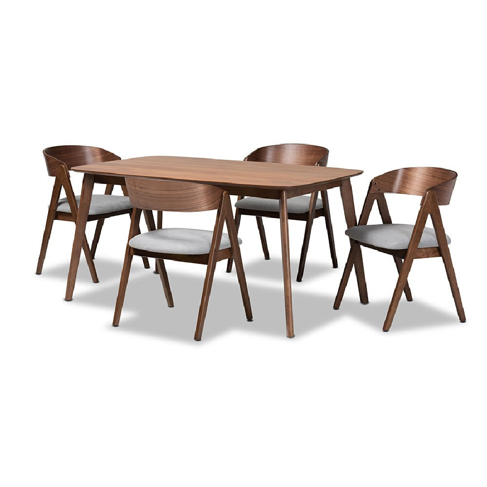 Baxton Studio Danton Mid-Century Modern Grey Fabric Upholstered and Walnut Brown Finished Wood 5-Piece Dining Set
