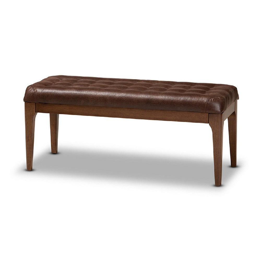 Baxton Studio Walsh Mid-Century Modern Dark Brown Leather-Effect Polyester Fabric Upholstered and Walnut Brown Finished Wood Dining Bench