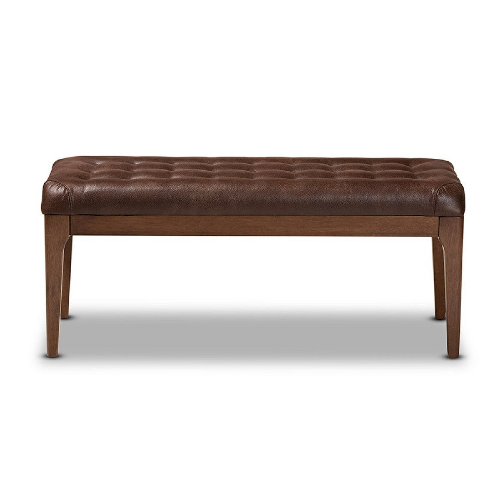 Baxton Studio Walsh Mid-Century Modern Dark Brown Leather-Effect Polyester Fabric Upholstered and Walnut Brown Finished Wood Dining Bench