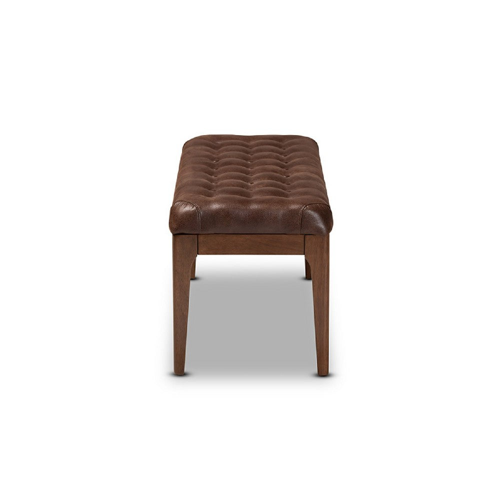 Baxton Studio Walsh Mid-Century Modern Dark Brown Leather-Effect Polyester Fabric Upholstered and Walnut Brown Finished Wood Dining Bench