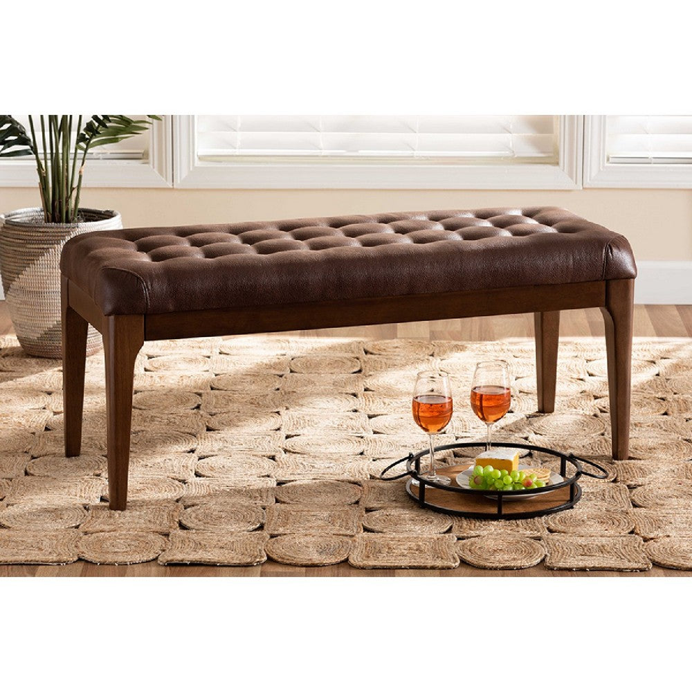 Baxton Studio Walsh Mid-Century Modern Dark Brown Leather-Effect Polyester Fabric Upholstered and Walnut Brown Finished Wood Dining Bench