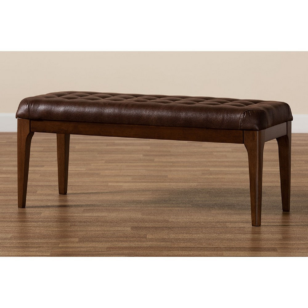 Baxton Studio Walsh Mid-Century Modern Dark Brown Leather-Effect Polyester Fabric Upholstered and Walnut Brown Finished Wood Dining Bench
