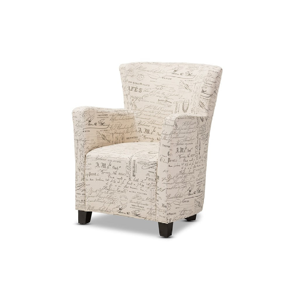 Baxton Studio Benson French Script Patterned Fabric Club Chair and Ottoman Set WHI-WS-0710-Beige-L277