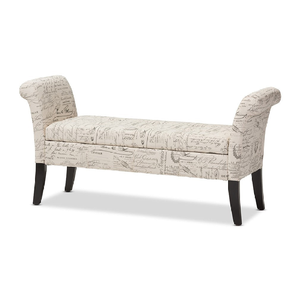 Baxton Studio Avignon Script-Patterned French Laundry Fabric Storage Ottoman Bench WHI-WS-0819-Beige-L277