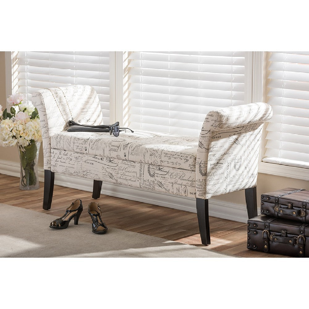 Baxton Studio Avignon Script-Patterned French Laundry Fabric Storage Ottoman Bench WHI-WS-0819-Beige-L277