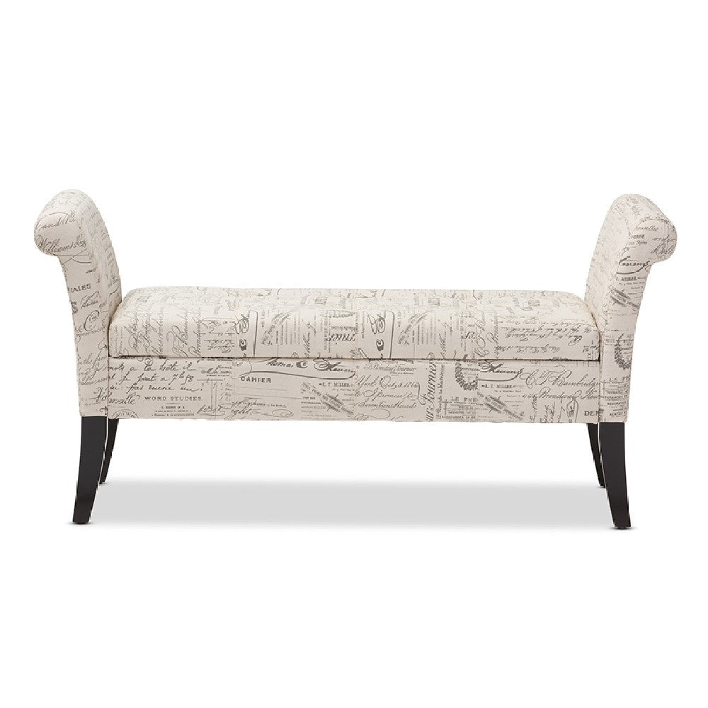 Baxton Studio Avignon Script-Patterned French Laundry Fabric Storage Ottoman Bench WHI-WS-0819-Beige-L277