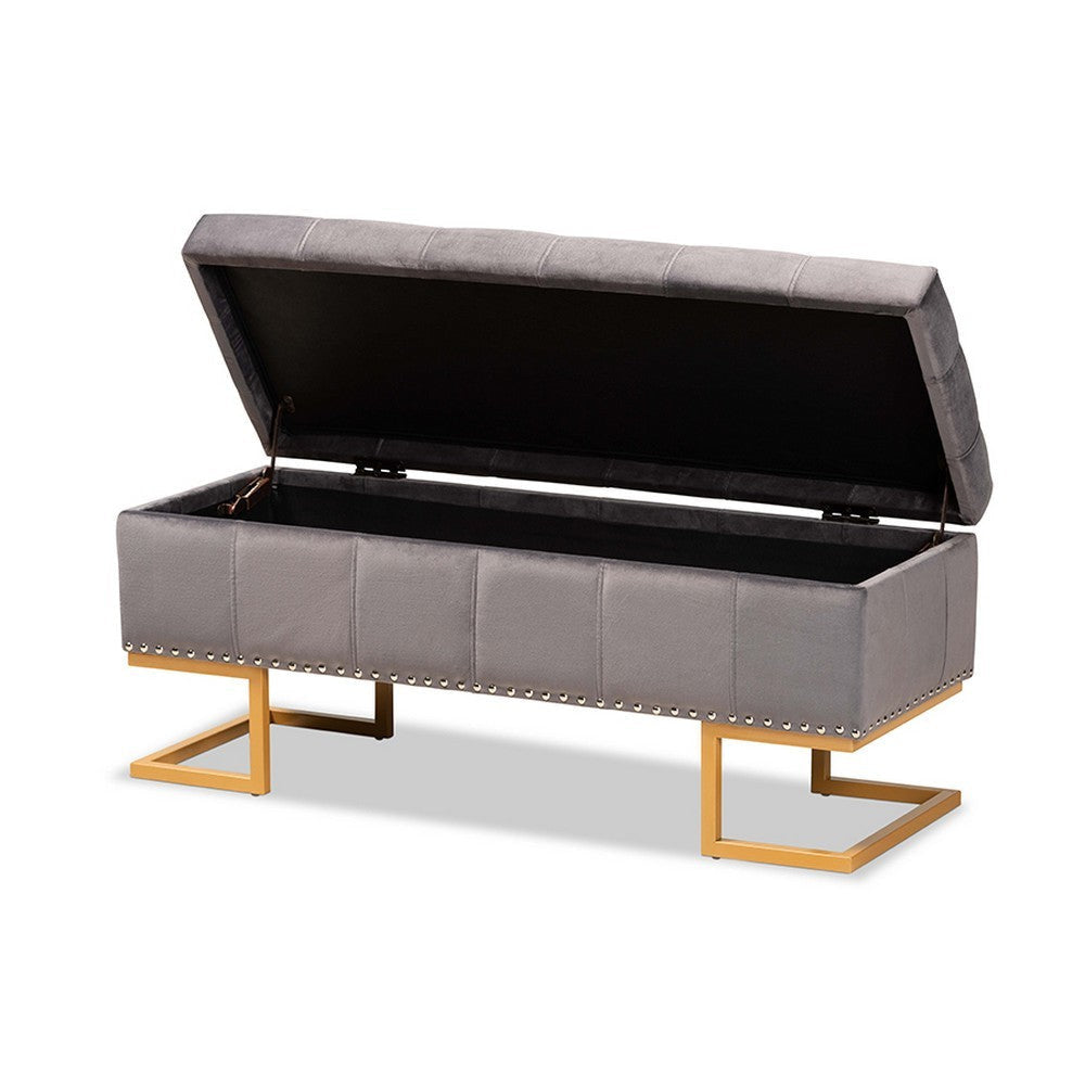 Baxton Studio Ellery Luxe and Glam Grey Velvet Fabric Upholstered and Gold Finished Metal Storage Ottoman WHI-WS-14115-Grey-Velvet-Gold-Otto