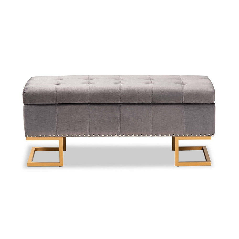 Baxton Studio Ellery Luxe and Glam Grey Velvet Fabric Upholstered and Gold Finished Metal Storage Ottoman WHI-WS-14115-Grey-Velvet-Gold-Otto