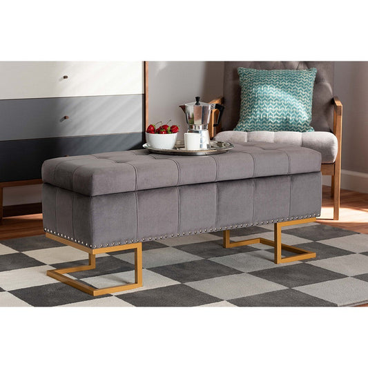 Baxton Studio Ellery Luxe and Glam Grey Velvet Fabric Upholstered and Gold Finished Metal Storage Ottoman