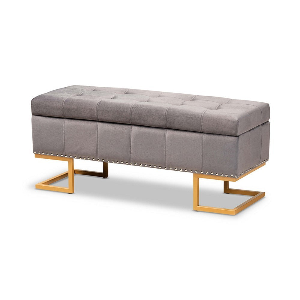 Baxton Studio Ellery Luxe and Glam Grey Velvet Fabric Upholstered and Gold Finished Metal Storage Ottoman WHI-WS-14115-Grey-Velvet-Gold-Otto