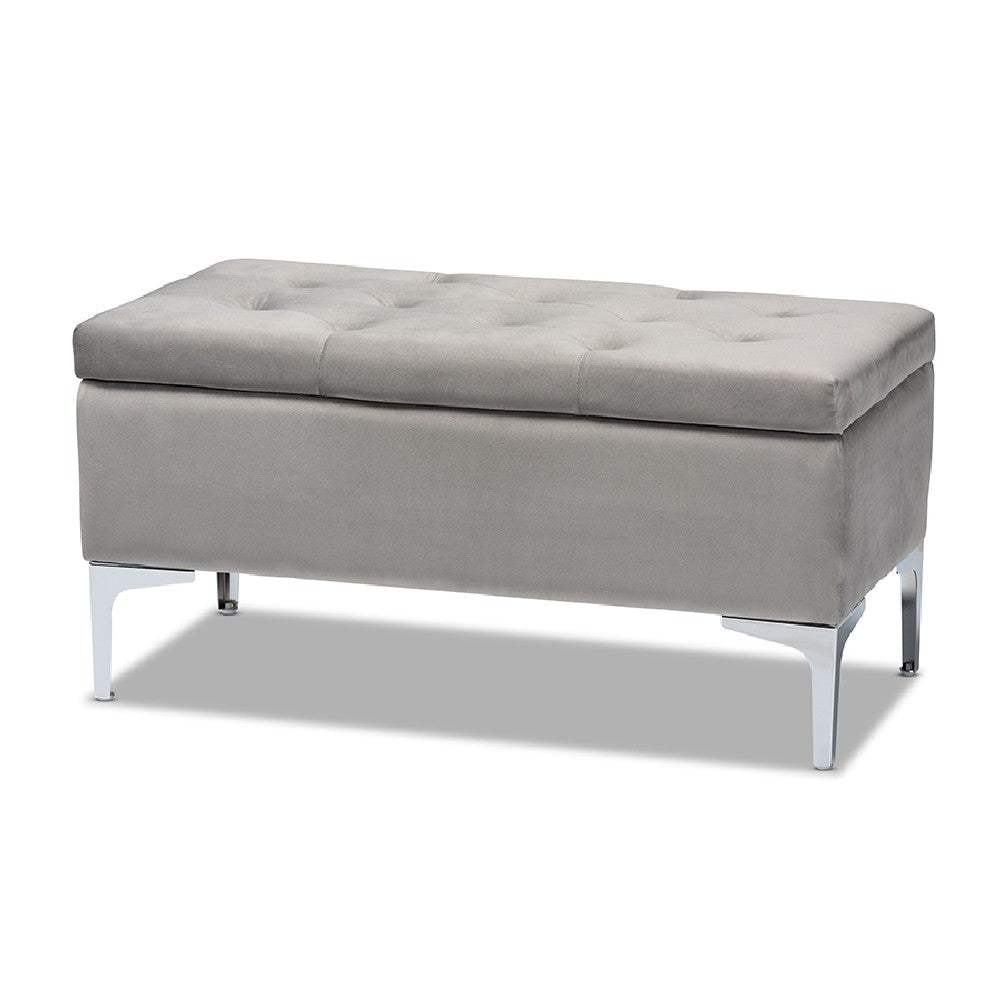Baxton Studio Mabel Modern and Contemporary Transitional Grey Velvet Fabric Upholstered Silver Finished Storage Ottoman
