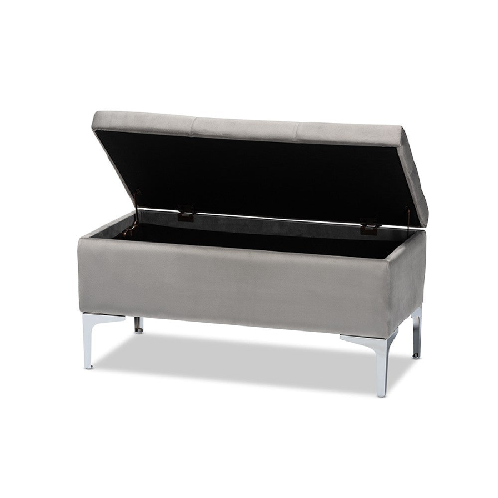 Baxton Studio Mabel Modern and Contemporary Transitional Grey Velvet Fabric Upholstered Silver Finished Storage Ottoman