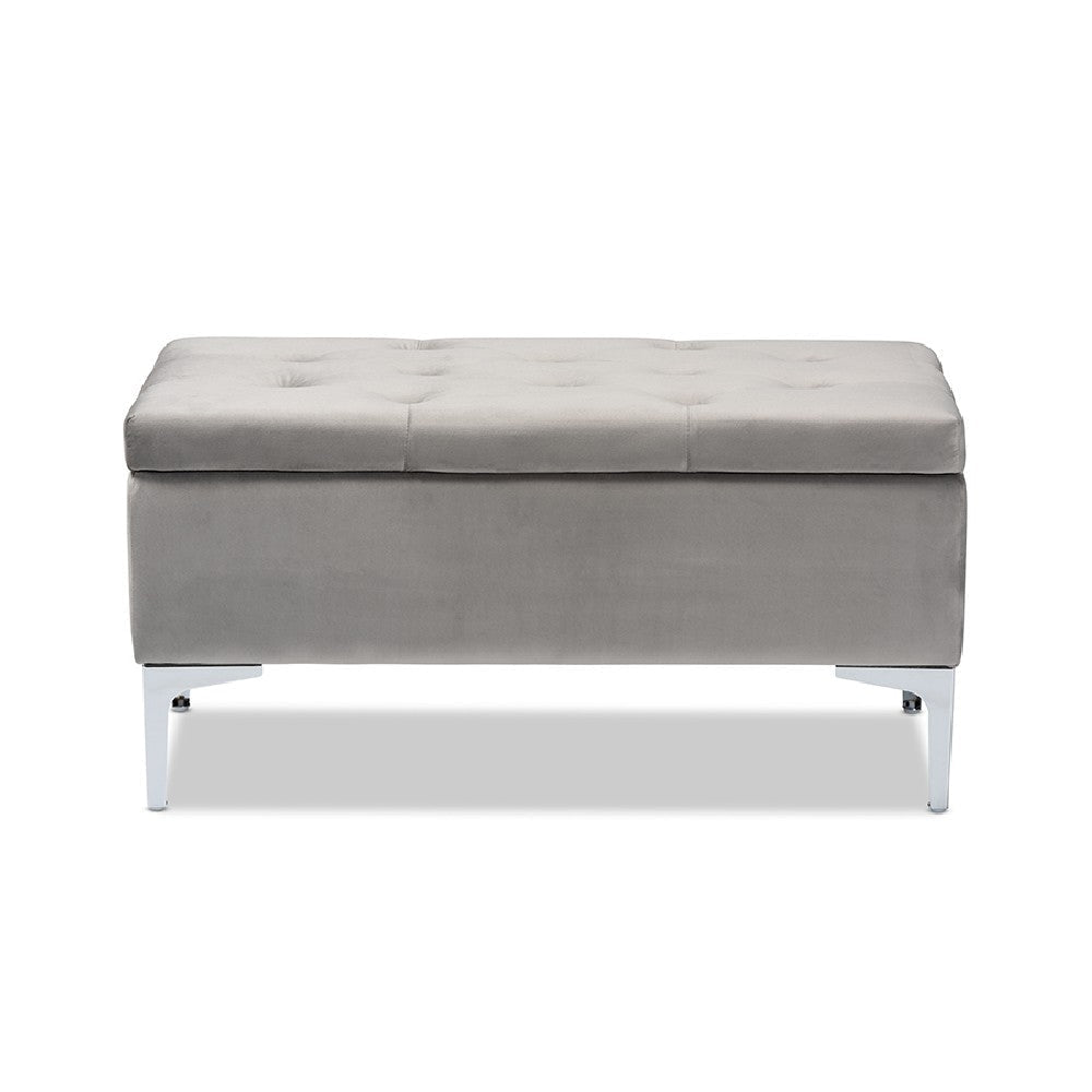 Baxton Studio Mabel Modern and Contemporary Transitional Grey Velvet Fabric Upholstered Silver Finished Storage Ottoman