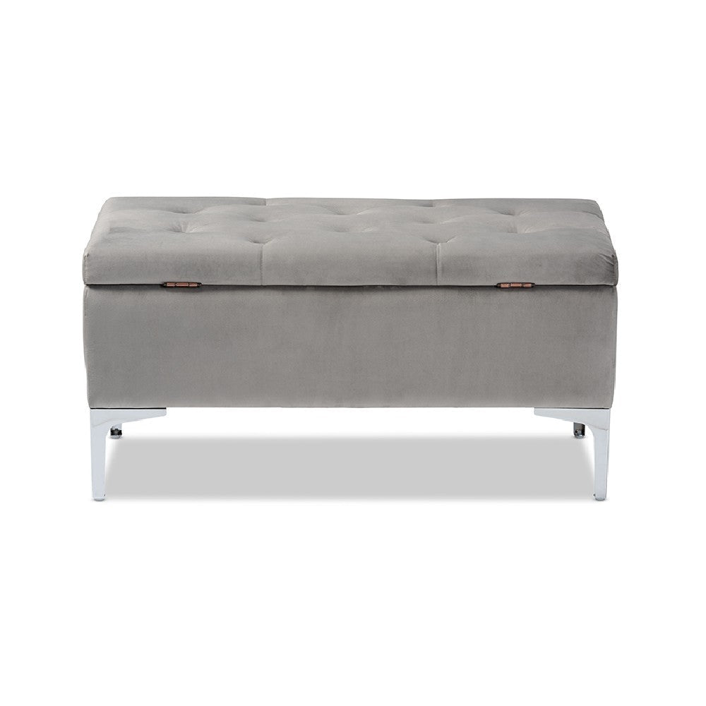 Baxton Studio Mabel Modern and Contemporary Transitional Grey Velvet Fabric Upholstered Silver Finished Storage Ottoman