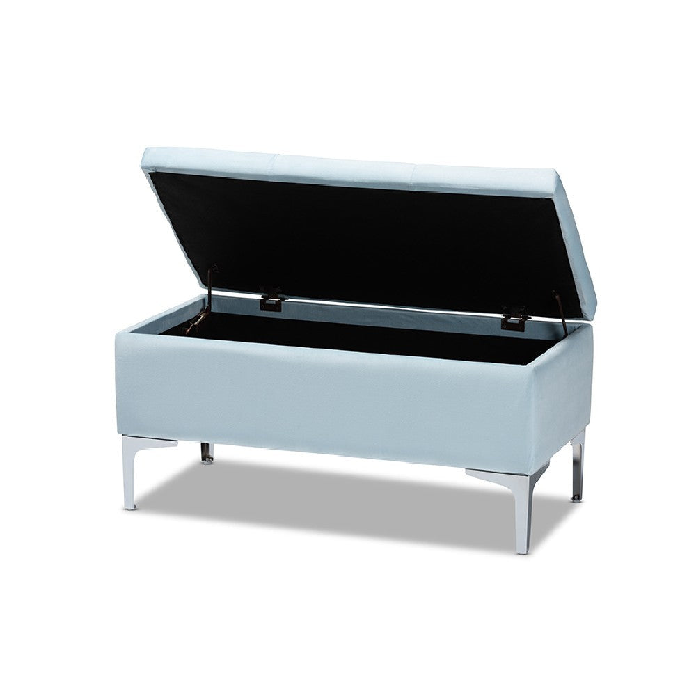 Baxton Studio Mabel Modern and Contemporary Transitional Light Blue Velvet Fabric Upholstered Silver Finished Storage Ottoman