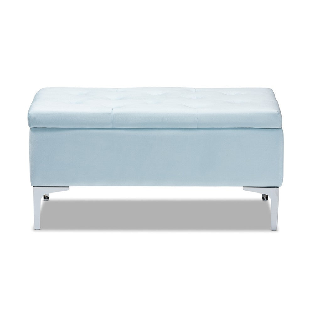 Baxton Studio Mabel Modern and Contemporary Transitional Light Blue Velvet Fabric Upholstered Silver Finished Storage Ottoman