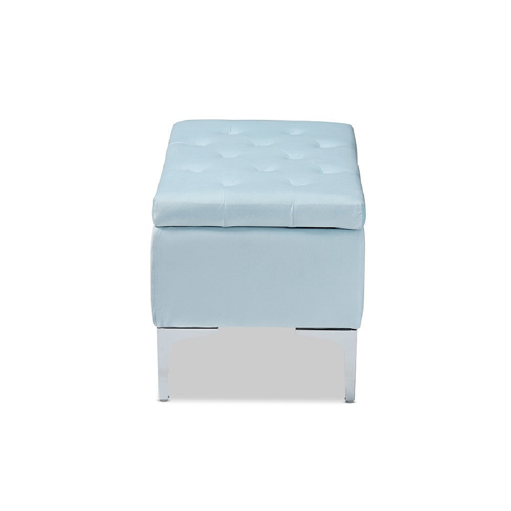 Baxton Studio Mabel Modern and Contemporary Transitional Light Blue Velvet Fabric Upholstered Silver Finished Storage Ottoman