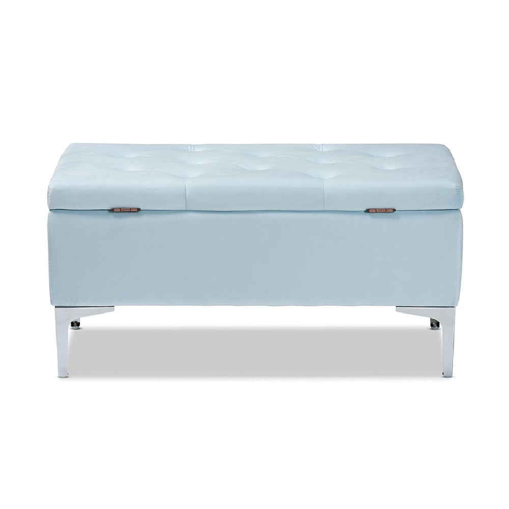Baxton Studio Mabel Modern and Contemporary Transitional Light Blue Velvet Fabric Upholstered Silver Finished Storage Ottoman