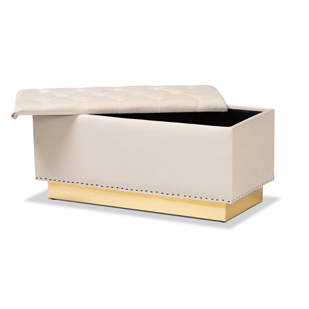 Baxton Studio Powell Glam and Luxe Beige Velvet Fabric Upholstered and Gold PU Leather Storage Ottoman