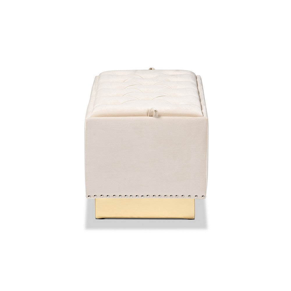 Baxton Studio Powell Glam and Luxe Beige Velvet Fabric Upholstered and Gold PU Leather Storage Ottoman