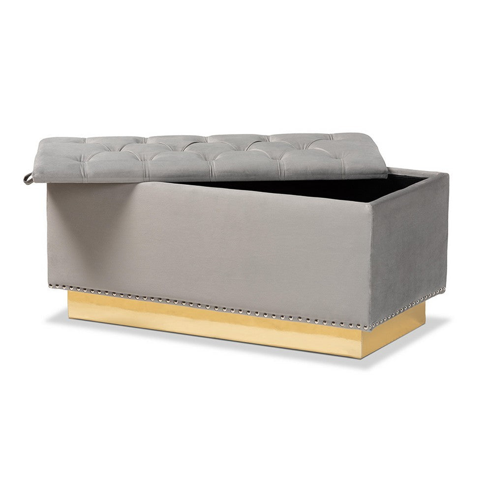 Baxton Studio Powell Glam and Luxe Grey Velvet Fabric Upholstered and Gold PU Leather Storage Ottoman