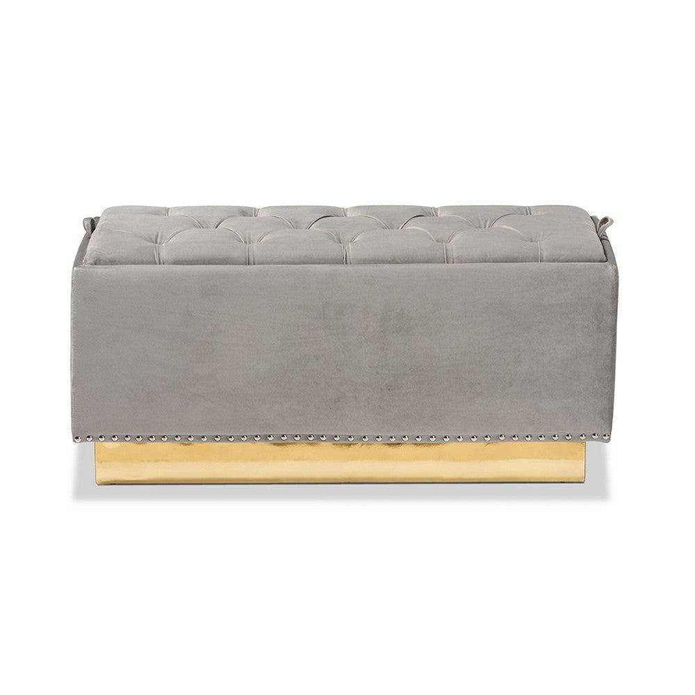 Baxton Studio Powell Glam and Luxe Grey Velvet Fabric Upholstered and Gold PU Leather Storage Ottoman