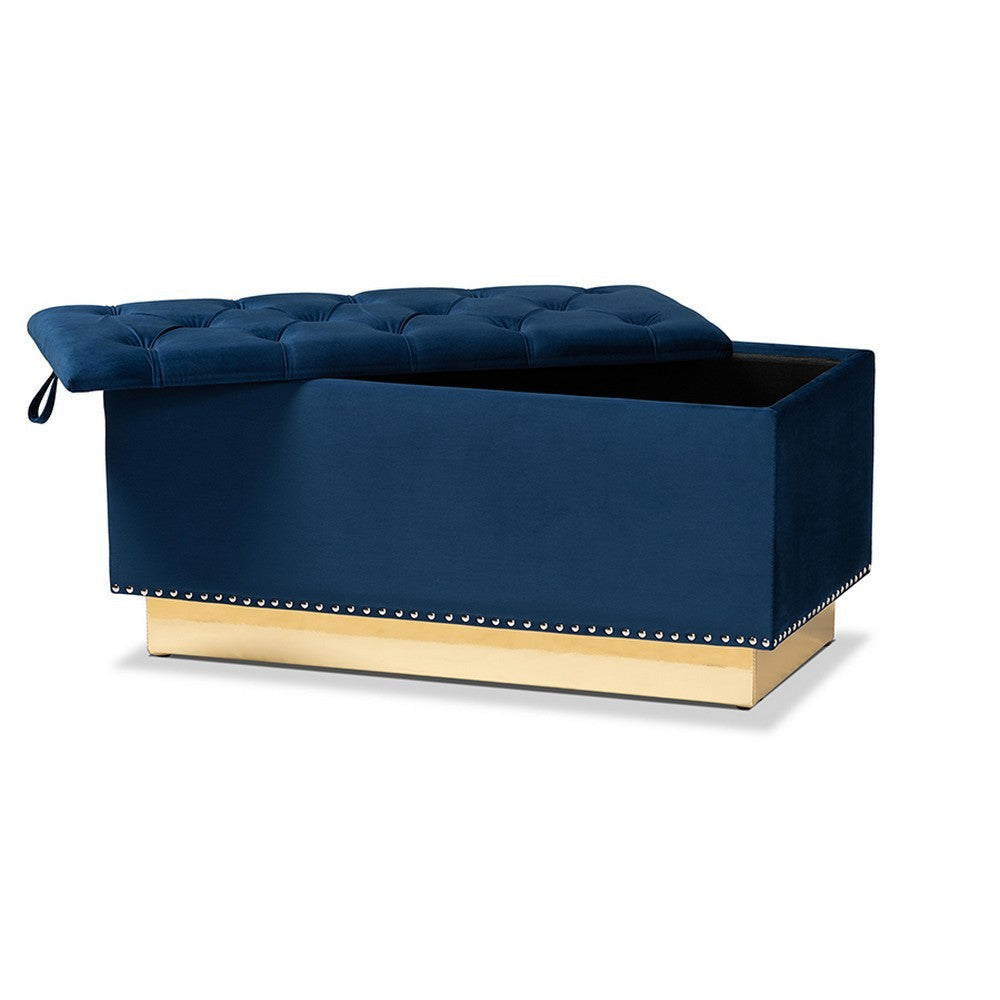 Baxton Studio Powell Glam and Luxe Navy Blue Velvet Fabric Upholstered and Gold PU Leather Storage Ottoman
