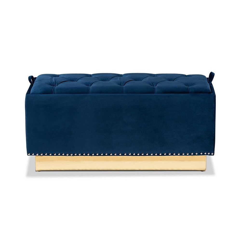 Baxton Studio Powell Glam and Luxe Navy Blue Velvet Fabric Upholstered and Gold PU Leather Storage Ottoman
