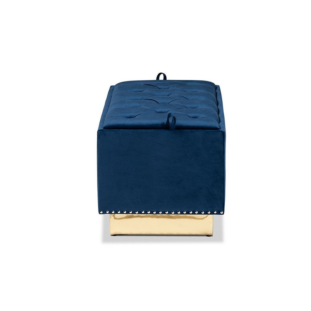 Baxton Studio Powell Glam and Luxe Navy Blue Velvet Fabric Upholstered and Gold PU Leather Storage Ottoman
