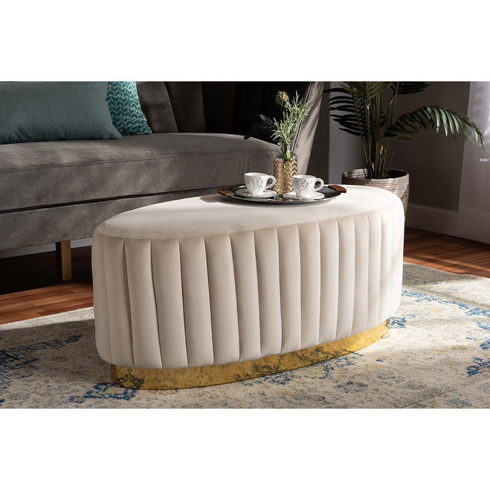 Baxton Studio Kirana Glam and Luxe Beige Velvet Fabric Upholstered and Gold PU Leather Ottoman