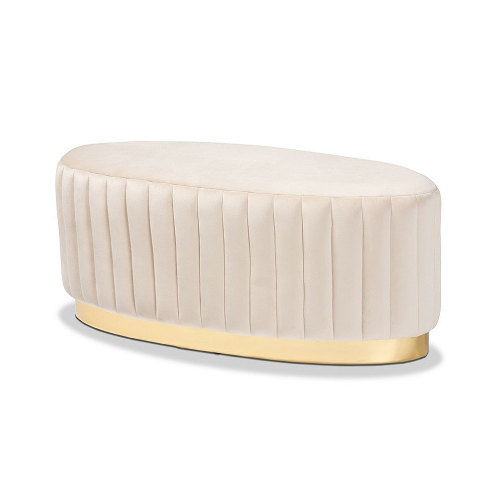 Baxton Studio Kirana Glam and Luxe Beige Velvet Fabric Upholstered and Gold PU Leather Ottoman WHI-WS-20352-Beige-Velvet-Gold-Otto