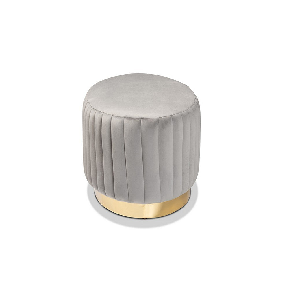 Baxton Studio Kirana Glam and Luxe Grey Velvet Fabric Upholstered and Gold PU Leather Ottoman WHI-WS-20352-Grey-Velvet-Gold-Otto