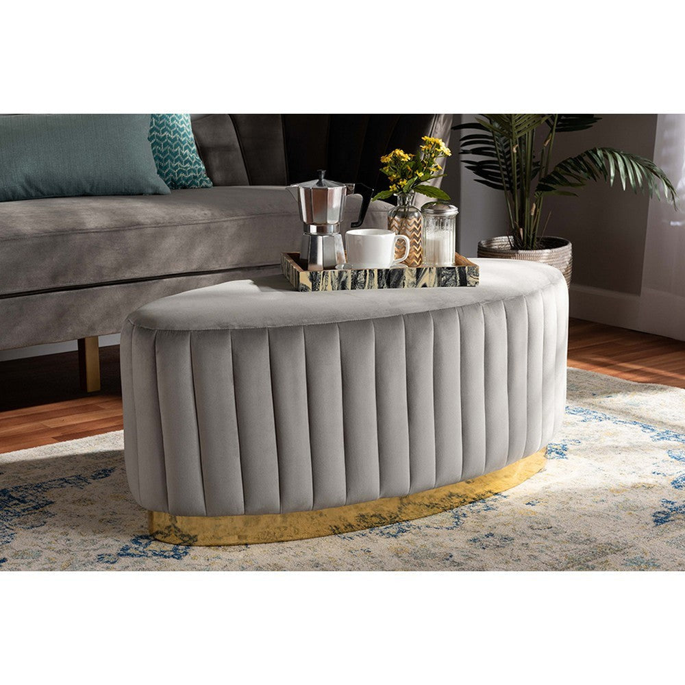 Baxton Studio Kirana Glam and Luxe Grey Velvet Fabric Upholstered and Gold PU Leather Ottoman